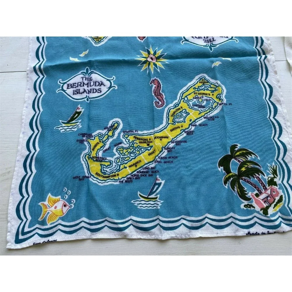 Vintage Irish Linen Apron and Towel Bermuda Map Made in Ireland Blue Tropical